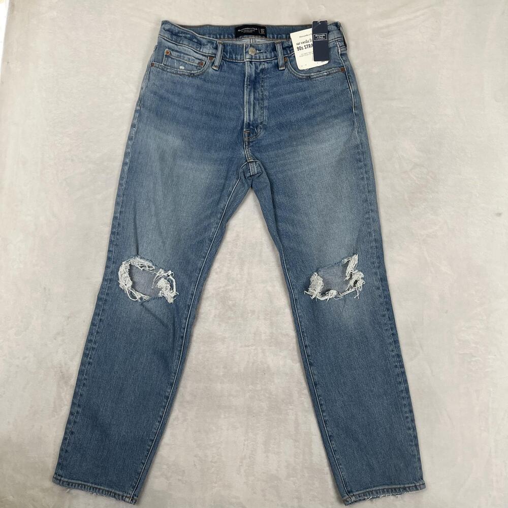 Abercrombie & Fitch 90s Straight Jeans Mens 32x32 Blue Distressed Stretch Denim